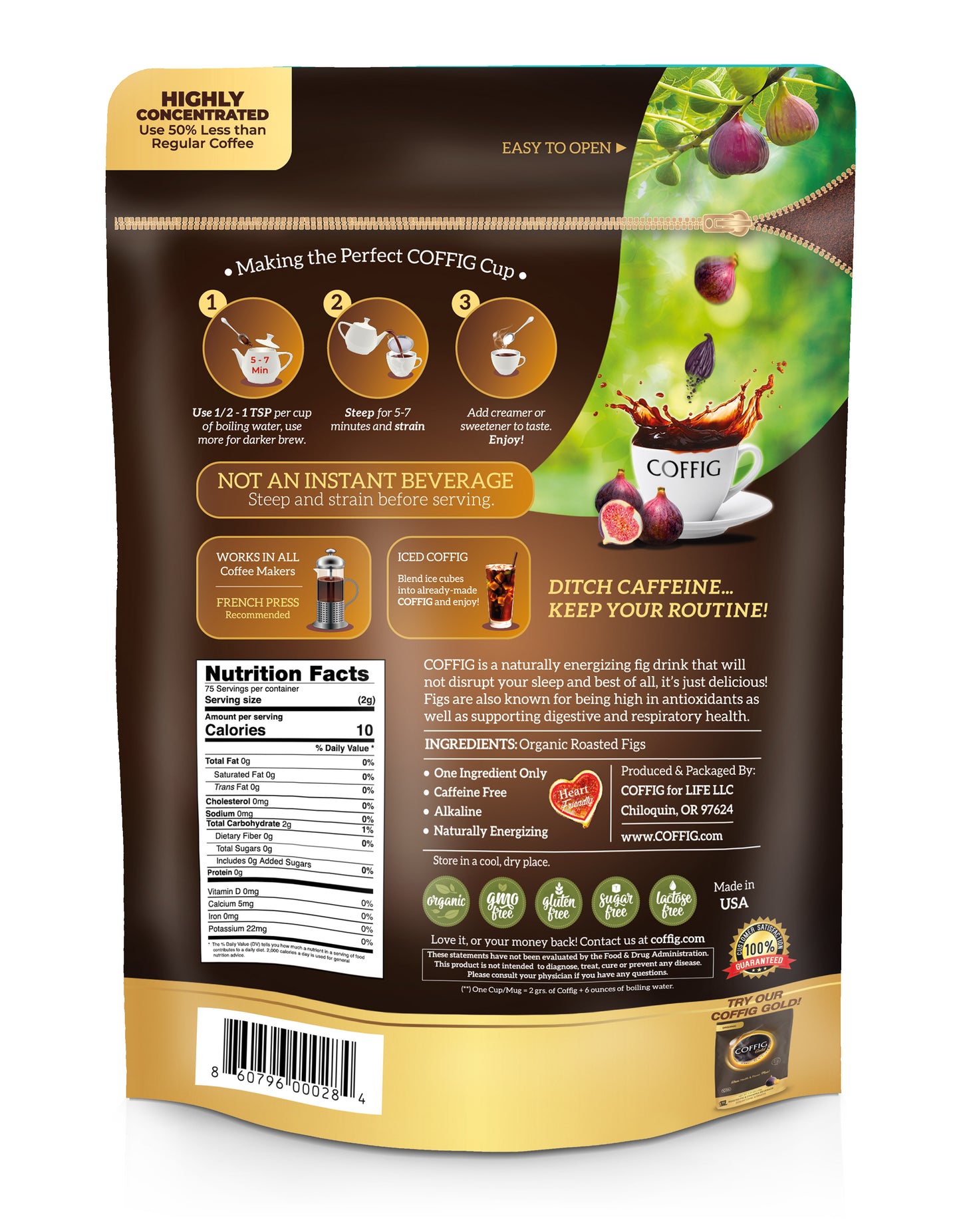 ORGANIC ROASTED FIG 3-PACK ORIGINAL BUNDLE SET of NATURAL ORGANIC FIG ENERGY DRINK (Coffig Original 100% Black Figs Powder)