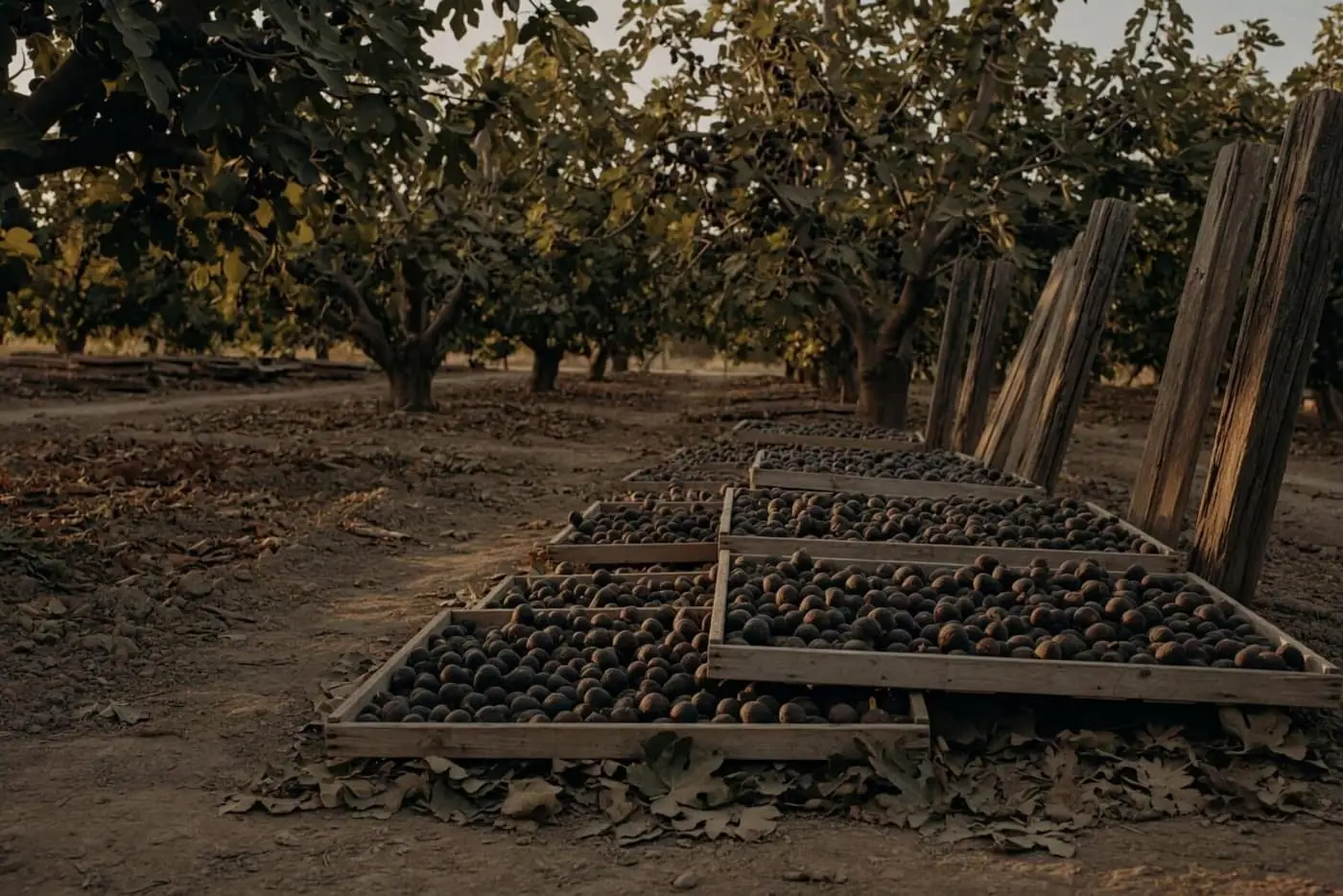 Fig orchard at golden hour with trays of sun-drying figs