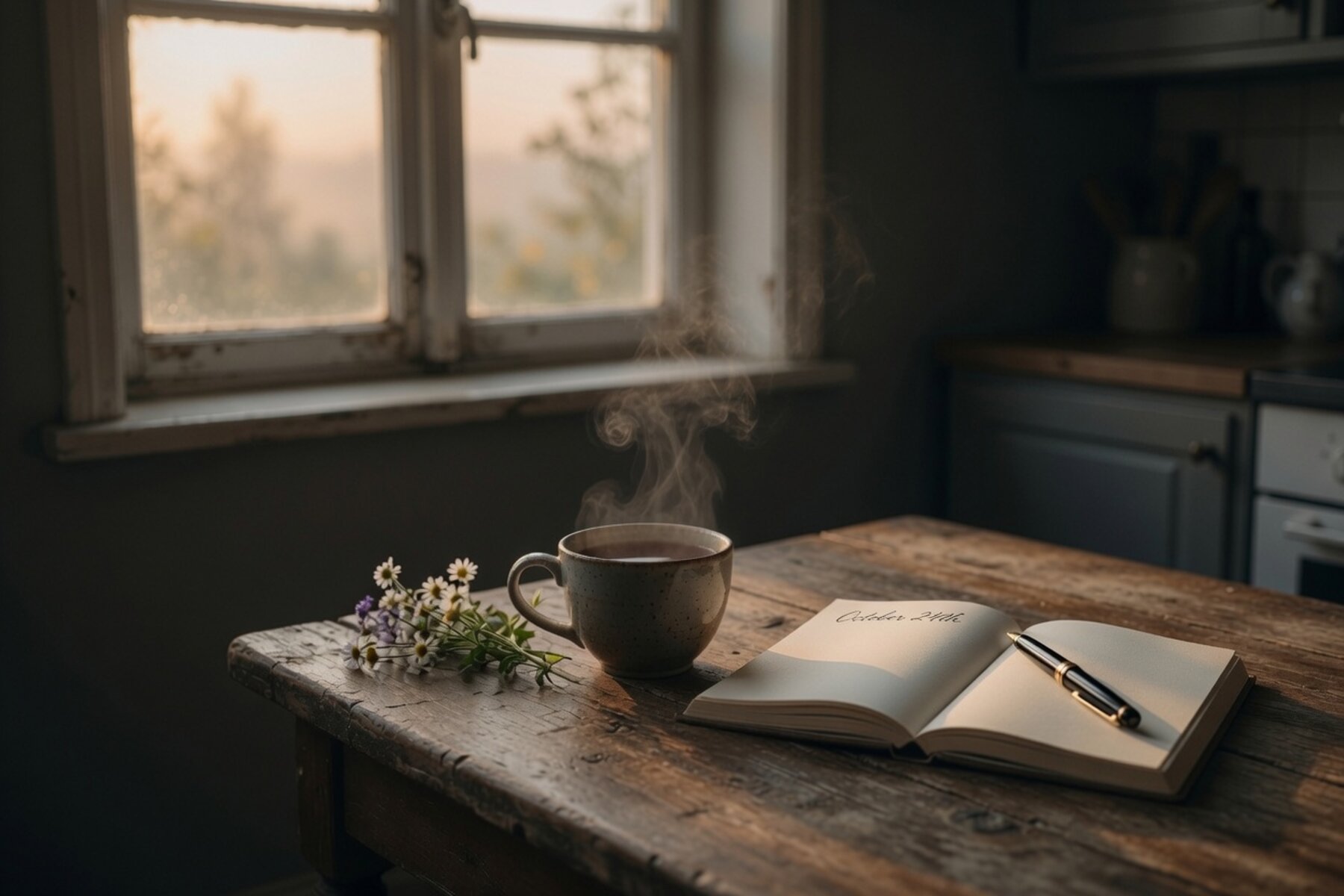 A steaming cup beside an open journal in soft dawn light